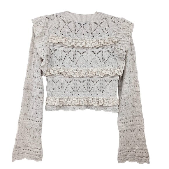 Zara Pointelle Ruffled Knit Top Sweater Size Small Ecru Cream Lace Trim Coquette - Picture 3 of 12